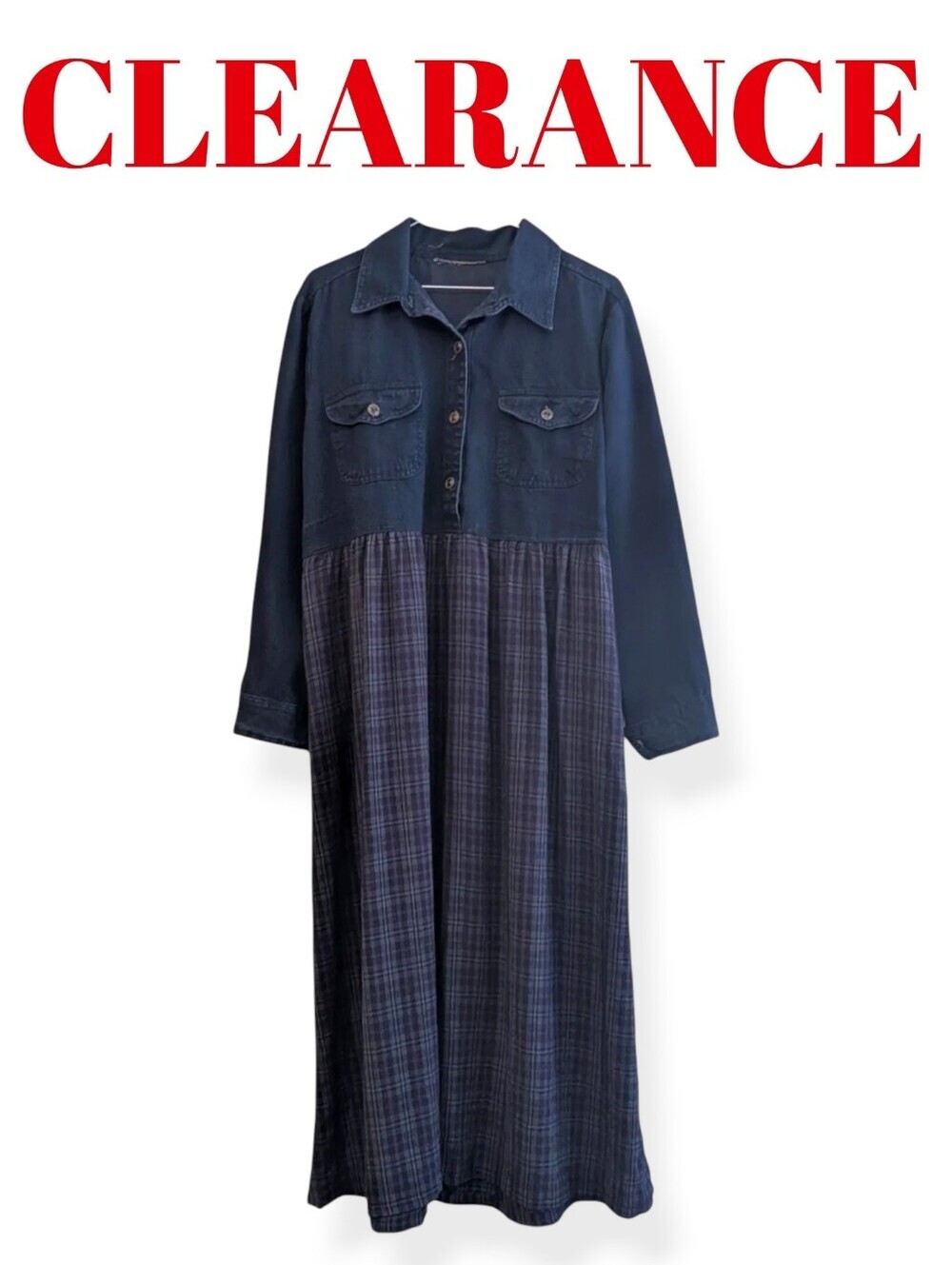 Prairie Plaid Maxi Dress Blue Green Denim Large Cottagecore Grunge Dark Academia